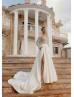 Long Sleeves Beaded Ivory Lace Satin Slit Simple Wedding Dress